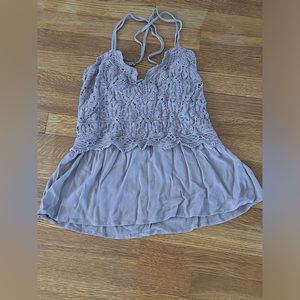 Mauve colored stretchy lace dress tank top, cross-crosses in back.